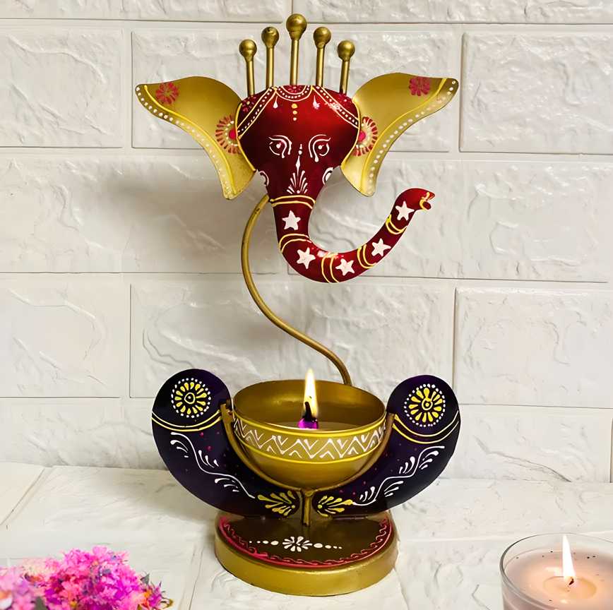 Divine Ganesha Idol with Candle Holder – Intricate Spiritual Decor
